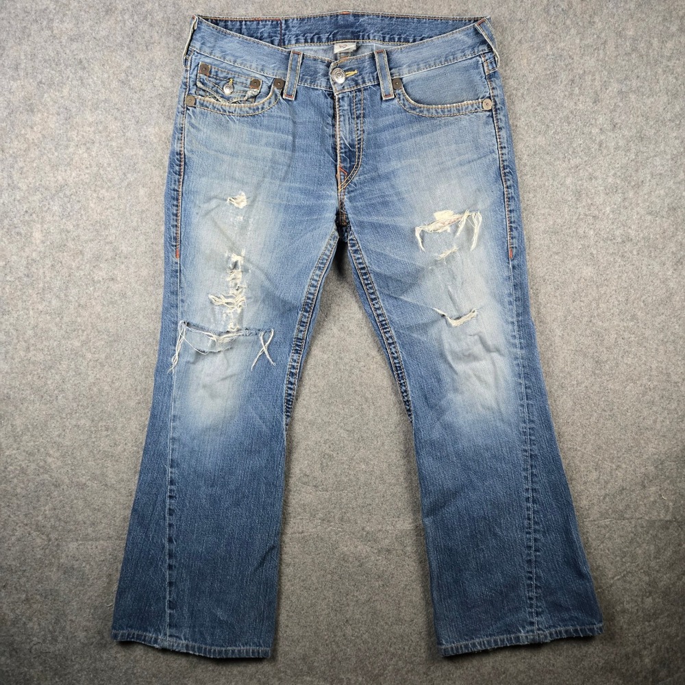 True Religion Joey Big T Jeans Mens 36 Blue Distressed Bootcut Y2K Grunge Skater